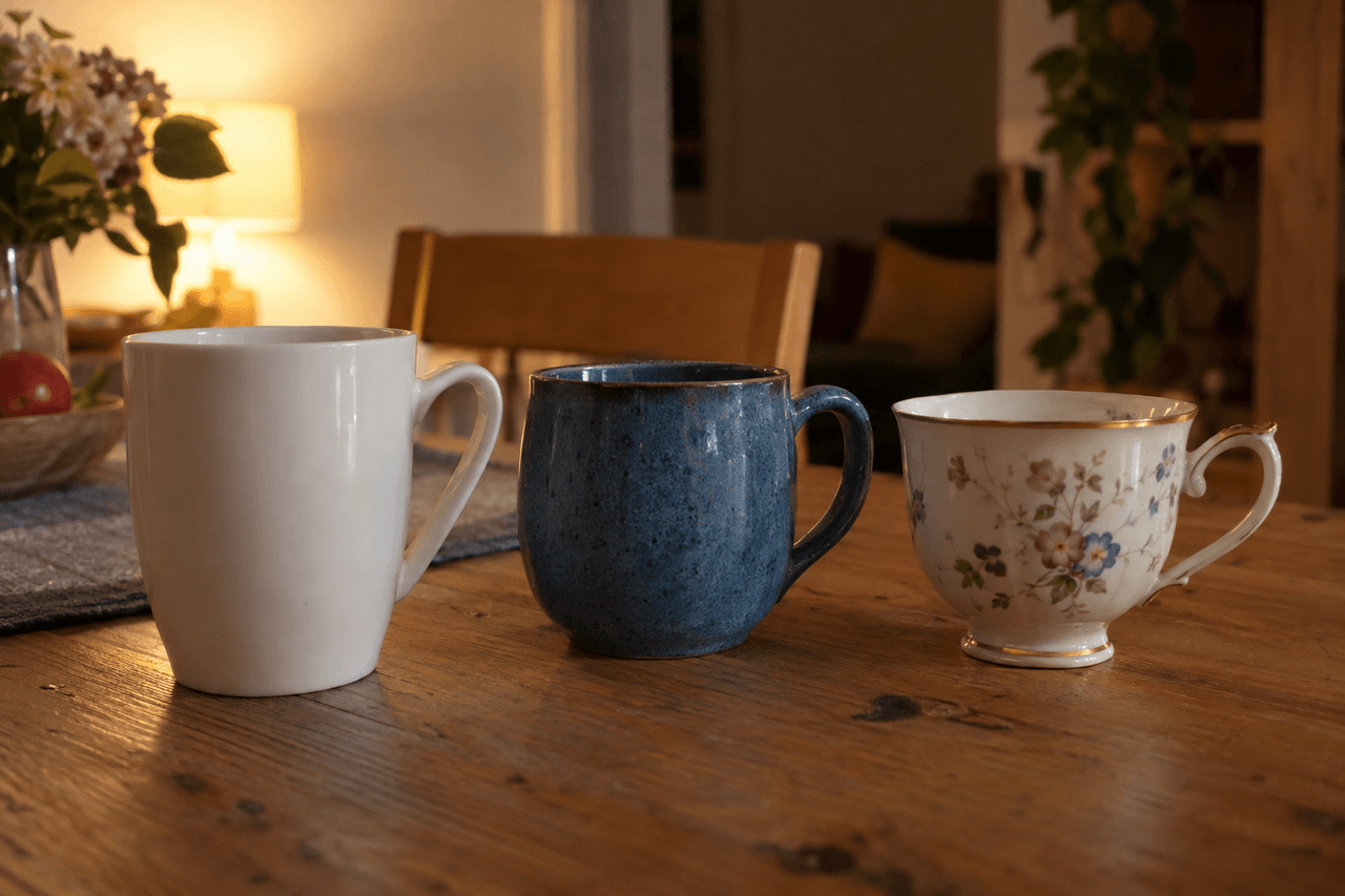 Drei verschiedene Tassen stehen nebeneinander auf einem Holztisch: ein weißer Becher, ein blauer Steingutbecher und eine geblümte Porzellantasse