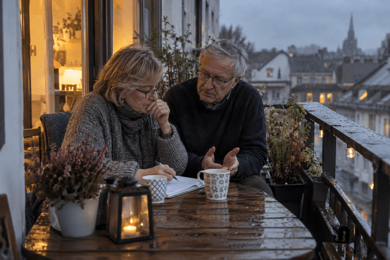 Älteres Paar bespricht in der Abenddämmerung auf dem Balkon etwas über einem Notizblock, sie schreibt mit