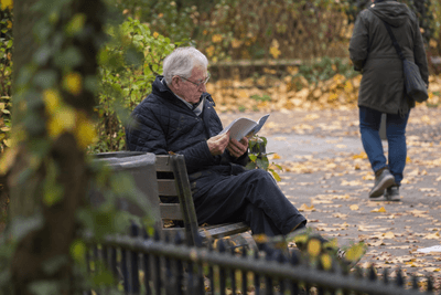 Älterer Mann liest im Herbst auf einer Parkbank in einer Broschüre